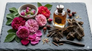 Botanical illustration of damask rose and agarwood chips, the core ingredients of a luxury rose oud perfume available in Canada.