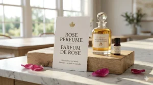 A minimalist illustration of rose petals with bilingual text "Rose Perfume / Parfum de Rose" for the Canadian market.