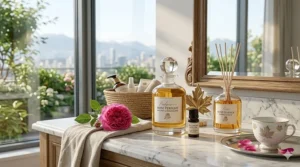 A luxury rose-scented perfume bottle on a vanity, styled for the modern Canadian lifestyle in Toronto or Montreal.