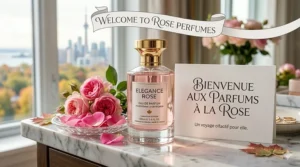 An elegant floral illustration featuring rose perfumes for women with bilingual English and French typography.