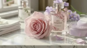 Soft pink rose bouquet in a minimalist setting, capturing the essence of a modern powdery floral.