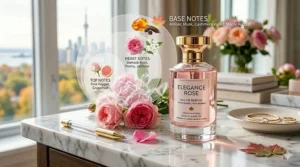 A diagram showing the fragrance pyramid of popular rose perfumes for women, highlighting floral and woody notes.