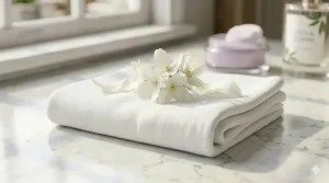 Clean, crisp aesthetic with white linens and subtle floral hints, illustrating clean floral notes.