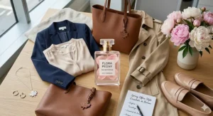 A flat-lay illustration of a professional capsule wardrobe for spring, featuring a trench coat, a Canadian leather tote bag, and a fresh peony perfume for office wear.