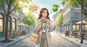 A photorealistic photograph of a woman in a Montreal boutique during spring, choosing between orange blossom and bergamot perfume.