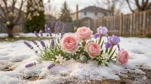 Delicate pastel spring blossoms thawing in the snow, illustrating fresh powdery floral perfumes perfect for the Canadian spring transition.