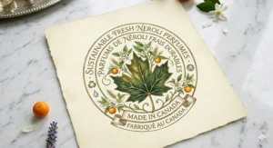 Eco-friendly symbol with orange blossoms representing sustainable and natural fresh neroli perfumes available in the Canadian market.