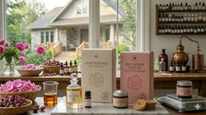 Eco-friendly packaging for rose-based perfumes featuring sustainable materials popular with Canadian consumers.