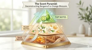 A perfume pyramid infographic showing bergamot as a bright top note versus orange blossom as a sweet floral heart note.