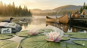 Interior illustration of a cozy Canadian cottage room featuring an aromatherapy diffuser spreading a water lily fresh aquatic scent.