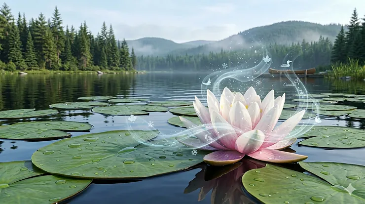 Pink water lily fresh aquatic scent floating on a calm Canadian lake surface with green lily pads in Muskoka, Ontario.