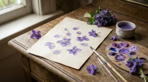 Soft watercolor painting of purple violet petals on parchment paper. Aquarelle douce de pétales de violette mauve sur papier parchemin.