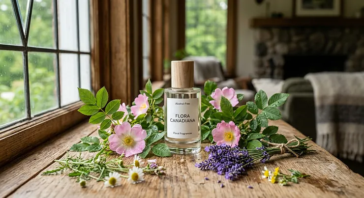 A luxury bottle of alcohol-free floral fragrances displayed on a rustic wooden vanity surrounded by fresh Canadian wild roses and local botanicals.