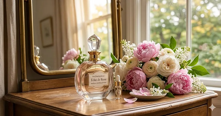 A luxury crystal bottle displaying one of the best floral perfumes in Canada, surrounded by fresh pink peonies and white roses on a classic vanity.