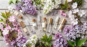 A vibrant spring flat lay showcasing fresh lilacs alongside the best floral perfumes for seasonal wear in Canada.