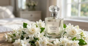 Delicate jasmine petals cradling a classic fragrance bottle, featured in a guide to the best floral perfumes with clean white flower notes.