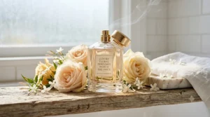 A premium crystal bottle of rose perfume displayed next to frosted winter flowers, highlighting luxury floral perfumes worth the price during Canadian winters.