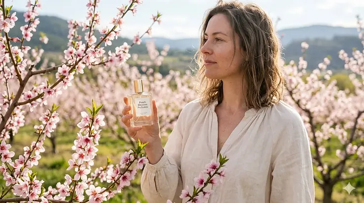 Alt text for image 1: A luxury crystal bottle of peach blossom perfume surrounded by fresh pink spring blossoms on a wooden surface, a trending fragrance choice for Canadian women.