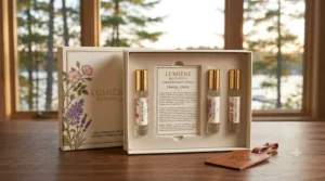 Colorful graphic illustration of a Canada Post delivery truck delivering premium floral perfume gift sets to a cozy Canadian home.