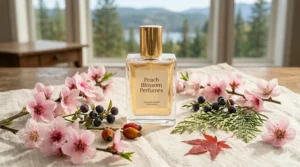 Alt text for image 4: Botanical flat-lay illustration blending delicate peach blossoms with Canadian wild flora, representing locally curated perfume ingredients.