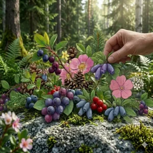 Detailed vector botanical illustration of unique Canadian Haskap berries, showcasing the distinct fresh and native berry notes in the floral perfume blend.