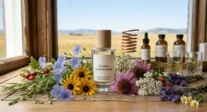 A vibrant conceptual display of handpicked Canadian prairie wildflowers showcasing the natural ingredients in alcohol-free floral fragrances.