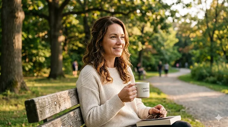 A photorealistic 4K image of a woman sitting on a park bench during golden hour, holding a mug that says "Canadian Summer," with high detail and natural lighting, suitable as a featured image. berry floral perfumes
