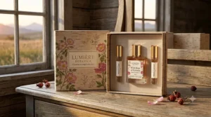 Minimalist illustration of sustainable, recyclable floral perfume gift sets nestled in organic cotton pouches, emphasizing green beauty trends in Canada.