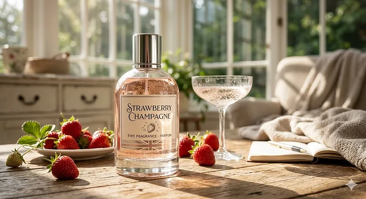 Photorealistic collection of top-rated raspberry perfume bottles on a wooden vanity with natural window light. best raspberry perfumes
