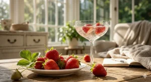 Fresh strawberries and a glass of champagne, symbolizing scent profile. / Fraises fraîches et coupe de champagne évoquant le parfum.