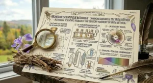 Intricate hand-drawn colored pencil illustration depicting a Canadian woman layering the iris and vetiver combination perfume onto her wrist, featuring swirling scent trails and a detailed EN/FR application guide.