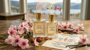 Alt text for image 8: Conceptual illustration demonstrating how to layer fruity peach blossom perfumes with warm vanilla scents for a customized fragrance experience.