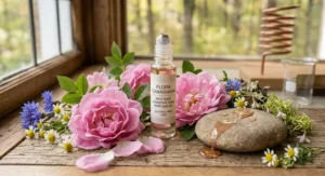 A luxury glass rollerball bottle nestled in a bed of red rose petals, highlighting non-drying alcohol-free floral fragrances for sensitive skin.