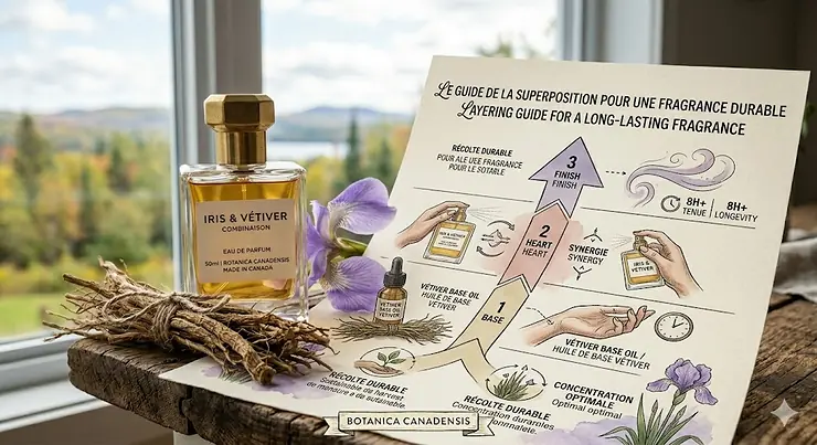 Photorealistic image of Botanica Canadensis perfume, an elegant iris and vetiver combination with a bilingual label, resting on rustic wood by a window looking out at a blurred Canadian autumn landscape.