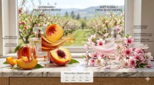 Botanical illustration highlighting the natural ingredients in juicy peach perfume (pêche juteuse) and peach blossom fragrance (fleur de pêcher) for Canadian shoppers.