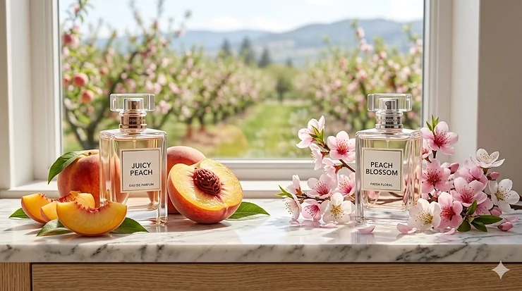 A side-by-side comparison of a juicy peach perfume bottle next to a delicate peach blossom fragrance, styled for Canadian beauty consumers looking for the perfect fruity or floral scent. juicy peach perfume vs peach blossom