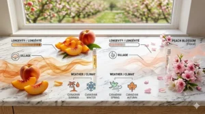 A visual scale comparing the longevity and sillage of a concentrated juicy peach perfume against a light, airy peach blossom eau de toilette.