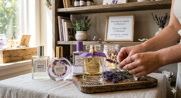 Elegant collection of lavender perfumes for women, popular in Canada. / Collection élégante de parfums lavande pour femmes, populaires au Canada.