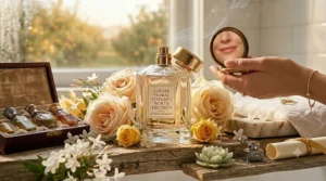 A clean boutique department store beauty counter arrayed with premium bottles, illustrating where to sample luxury floral perfumes worth the price in Canada.