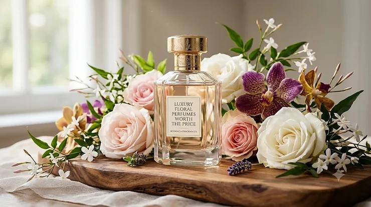 An elegant luxury floral perfume bottle resting amidst a lush bed of fresh blooms, representing top-tier premium fragrances worth the price for Canadian beauty consumers.