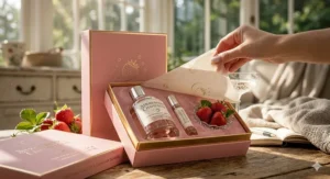 Elegant glass perfume bottle showcasing a vibrant raspberry-infused fragrance.