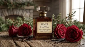 A deep amber fragrance bottle highlighting intense winter notes from a selection of the best floral perfumes—meilleurs parfums floraux au Canada.