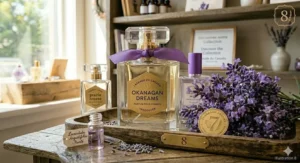 Display shelf featuring premium lavender perfumes for women. / Étagère présentant des parfums haut de gamme à la lavande pour femmes.