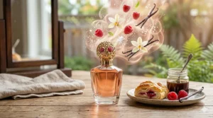 A contemporary illustration of a gender-neutral raspberry cologne bottle.