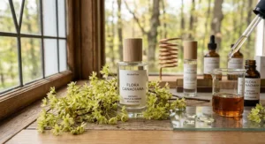 An elegant perfume bottle surrounded by autumn leaves and spring maple blossoms, capturing unique regional notes of alcohol-free floral fragrances.