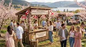 Alt text for image 5: Vibrant illustration of an outdoor Canadian spring market, highlighting the popularity of peach blossom perfumes (parfum fleur de pêcher) across Canada.