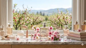 A watercolor illustration of a light peach blossom fragrance bottle, capturing the crisp air and fresh floral aesthetic of a Canadian spring morning in Niagara.