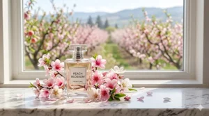 Illustration of a luxury peach perfume bottle inspired by a sunny British Columbia Okanagan orchard, blending fresh spring peach blossoms and ripe summer fruit.