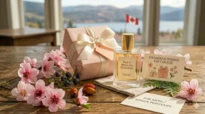Alt text for image 9: Elegant gift box surrounded by spring florals, showcasing peach blossom perfumes as an ideal gift choice for Canadian Mother's Day or spring celebrations.