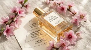 Alt text for image 2: Infographic illustrating the scent profile of peach blossom perfumes, featuring top citrus notes, middle floral notes, and a warm musk base.
